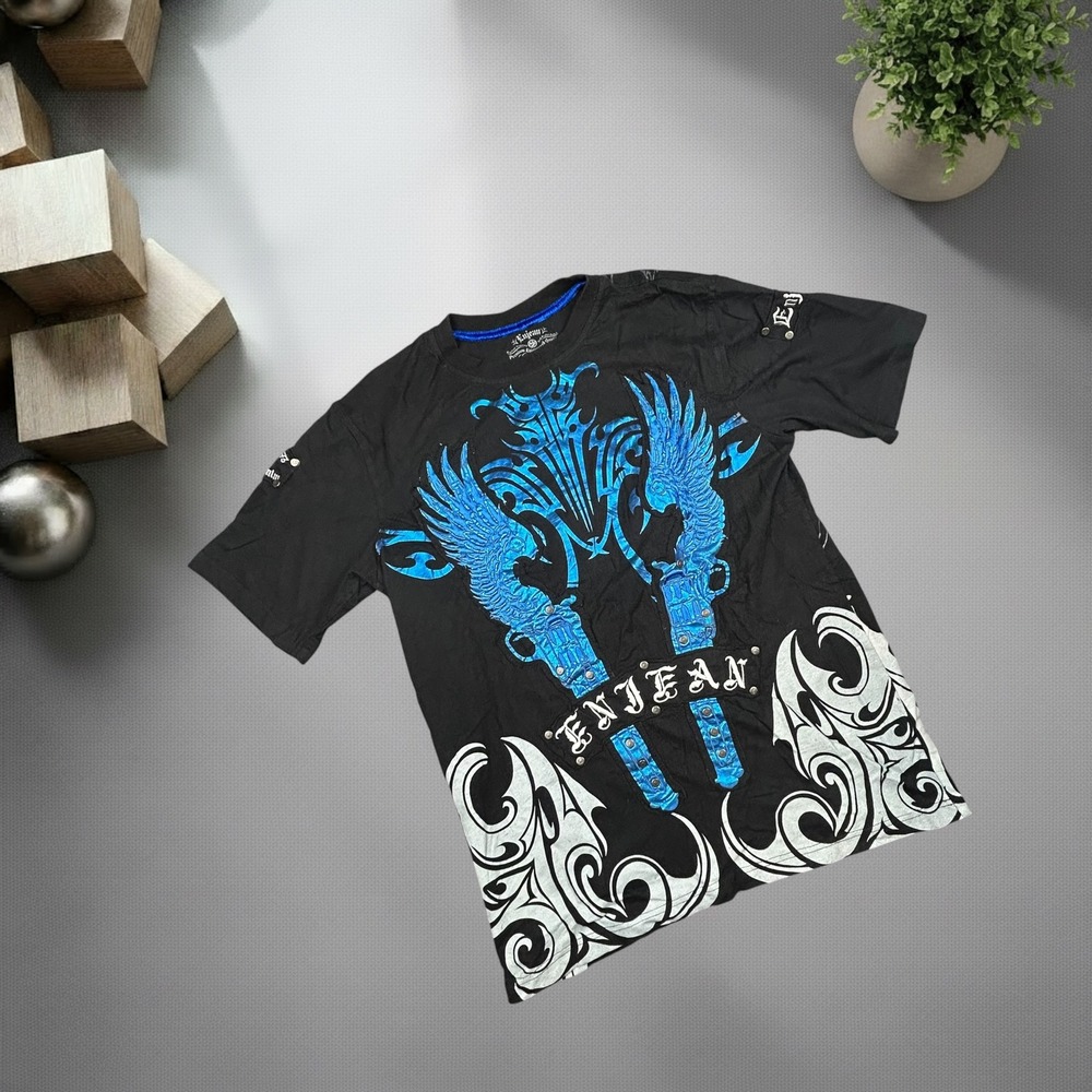 Enjean Vintage Y2K Graphic T-Shirt XL Black Blue Metallic Biker Grunge Cross‎